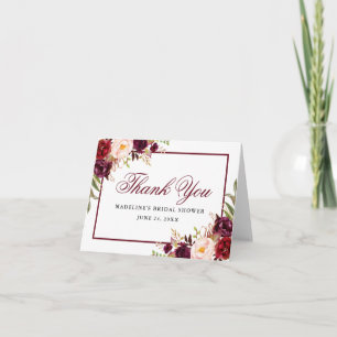 Carte De Remerciements Elégant Burgundy Floral Fête des mariées Note