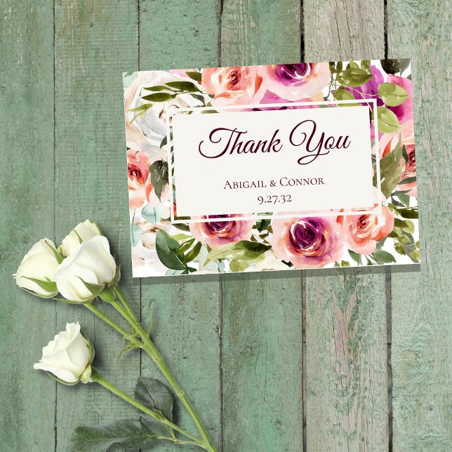 Carte De Remerciements Elégant Cadre Floral Rose Blush Purple Peach Blanc (Créateur téléchargé)