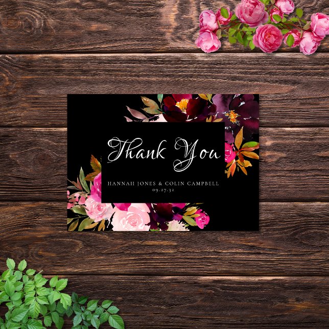 Carte De Remerciements Elégant cadre floral rose bordeaux noir (Créateur téléchargé)