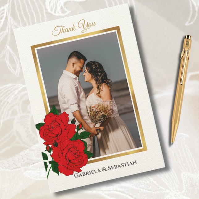 Carte De Remerciements Elégant cadre or Rouge Roses Mariage Photo (Créateur téléchargé)