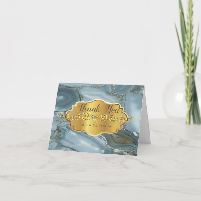 Carte De Remerciements Elégant Cadre Or, Texture Marbre (Devant)