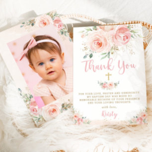 Carte De Remerciements Élégant Chic Blush rose Floral Or Baptême Photo