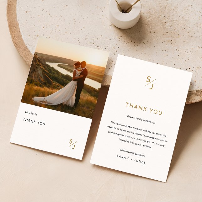 Carte De Remerciements Elegant Chic Gold Typographie Mariage Photo (Créateur téléchargé)