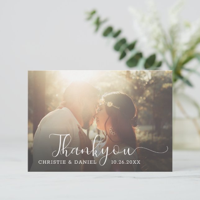 Carte De Remerciements Élégant Chic Mariage Photo Script Lettre Manuscrit (Debout devant)