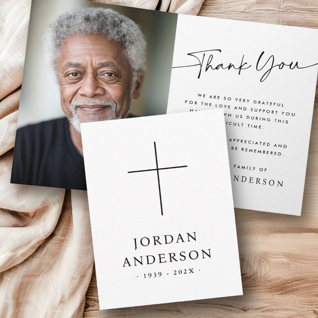Carte De Remerciements Elégant Christian croix nom date funéraire photo (Elegant Christian cross name date funeral photo Thank You Card)
