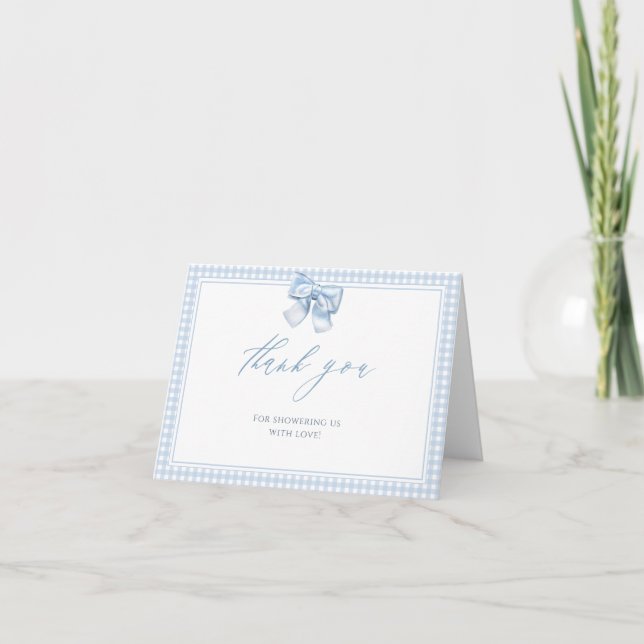 Carte De Remerciements Élégant Clasic En vichy Blue Bow Baby shower (Devant)
