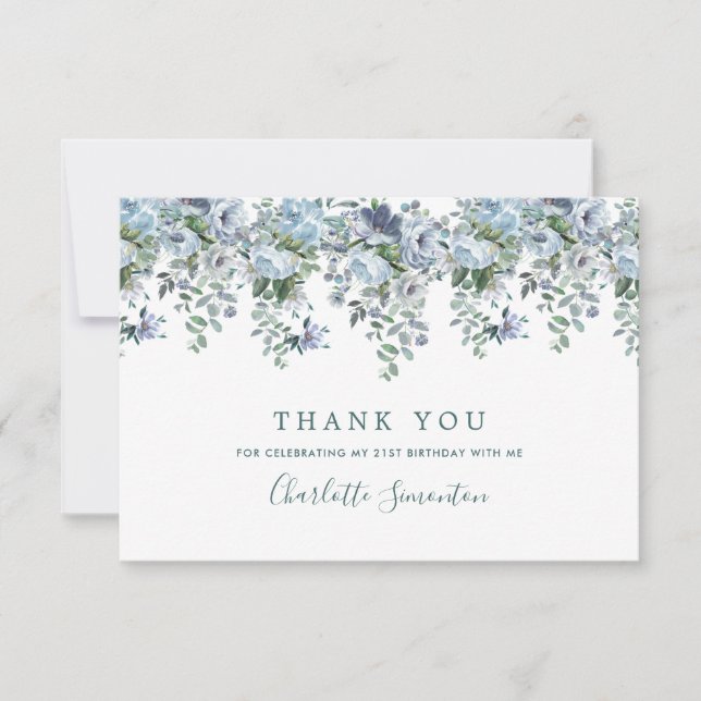 Carte De Remerciements Elégant classique Dusty bleu floral 21e anniversai (Devant)