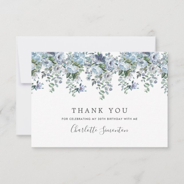 Carte De Remerciements Elégant classique Dusty bleu floral 30e anniversai (Devant)