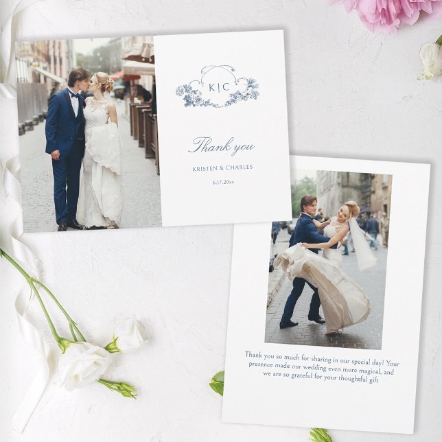 Carte De Remerciements Élégant classique Dusty Bleu Français Floral (Créateur téléchargé)