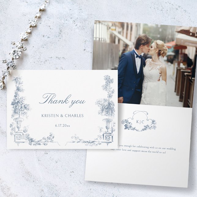 Carte De Remerciements Élégant classique Dusty Bleu Français Floral (Créateur téléchargé)
