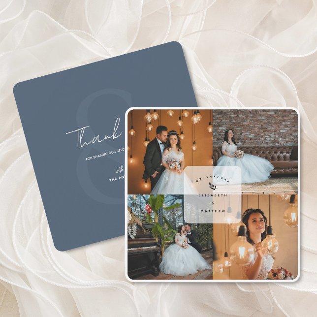 Carte De Remerciements Elégant Dusty Blue 4 Photo Collage Mariage (Créateur téléchargé)