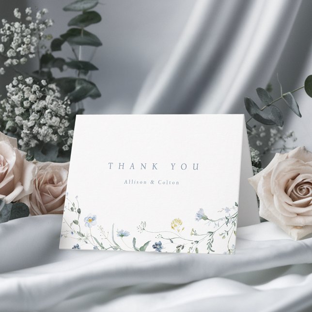 Carte De Remerciements Elégant Dusty Blue Fleur sauvage Rustic Boho Maria (Elegant Dusty Blue Wildflower Rustic Boho Wedding Thank You Card)