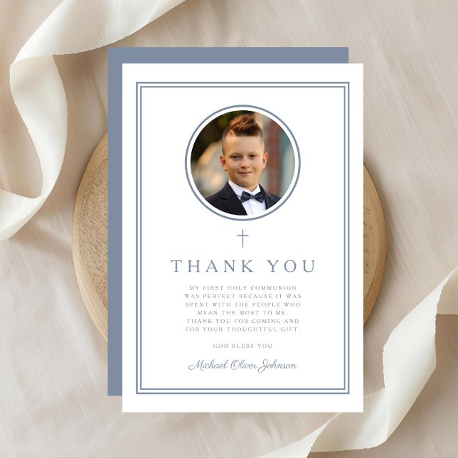 Carte De Remerciements Elegant Dusty Blue Photo Boy First Holy Communion (Elegant Dusty Blue Photo Boy First Holy Communion Thank You Card)