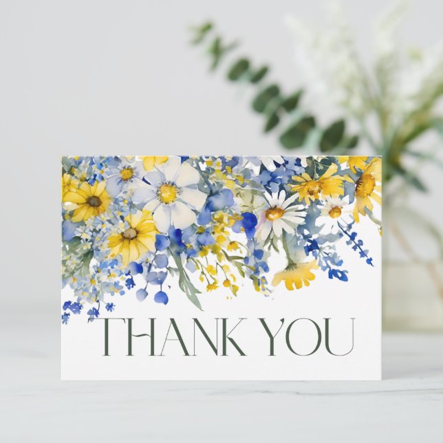 Carte De Remerciements Elégant Dusty Fleur sauvage Jaune Boho Mariage (Debout devant)