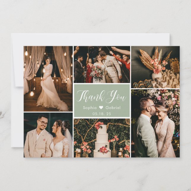 Carte De Remerciements Élégant Dusty Green 6 Photo Mariage (Devant)