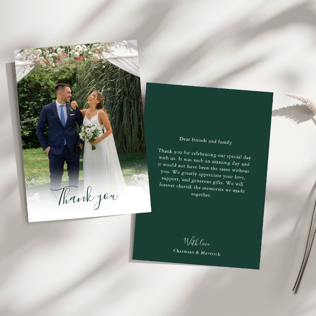 Carte De Remerciements Élégant Emerald Green Script Mariage photo (Créateur téléchargé)