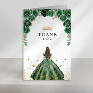 Carte De Remerciements Élégant Emerald Quinceañera Floral Faux Foil