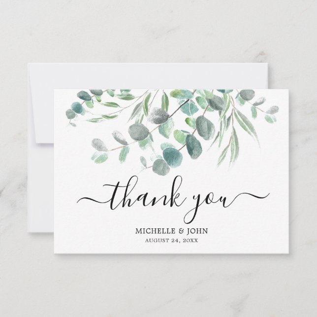 Carte De Remerciements Elégant Eucalyptus Aquarelle Nom Mariage (Devant)