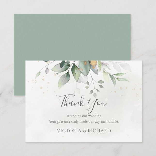 Carte De Remerciements Elégant Eucalyptus Feuille Mariage or vert (Devant / Derrière)