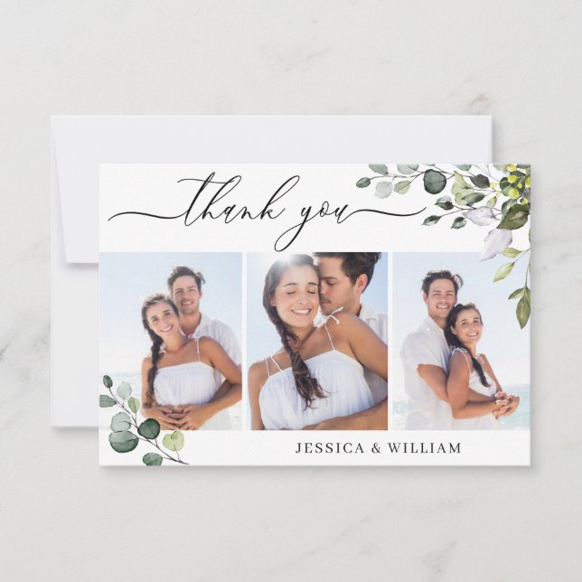 Carte De Remerciements Elégant Eucalyptus Green 3 Mariage PHOTO (Devant)