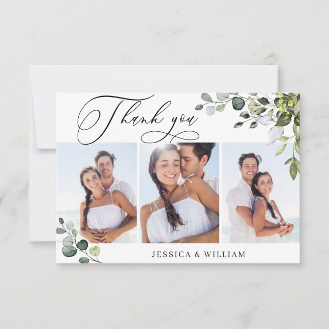 Carte De Remerciements Elégant Eucalyptus Green 3 Mariage PHOTO (Devant)
