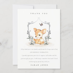 Carte De Remerciements Élégant Faon Floral Couronne Anniversaire Tout Âge