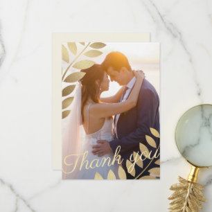Carte De Remerciements Élégant Feuille Tropical Gold Photo Mariage