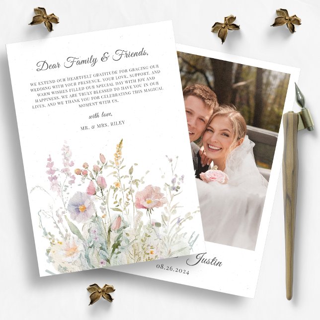 Carte De Remerciements Elégant Fleur sauvage aquarelle Mariage photo (Créateur téléchargé)