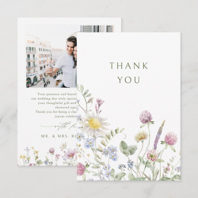 Carte De Remerciements Élégant Fleur sauvage Pastel Soft Mariage botaniqu (Devant / Derrière)
