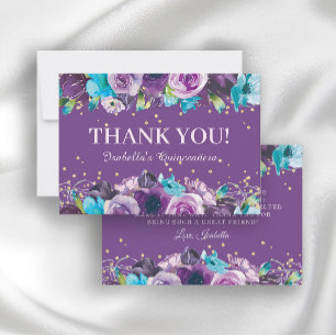 Carte De Remerciements Élégant Fleurs Violet Bleu Quinceañera Anniversair