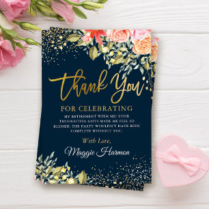 Carte De Remerciements Élégant Floral Blue Gold Surprise Retraite Party