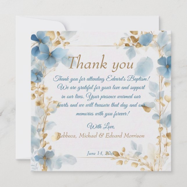 Carte De Remerciements Élégant floral Dusty Baptême bleu (Devant)