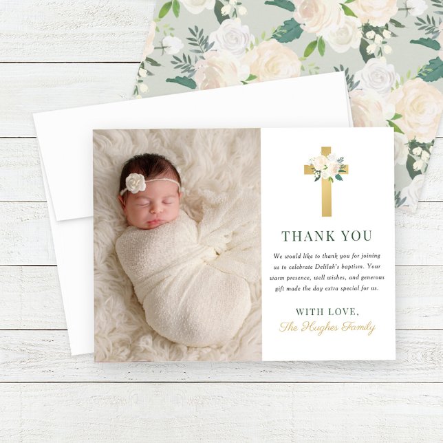 Carte De Remerciements Elégant Floral Gold Cross Girl Baptism Photo (Créateur téléchargé)