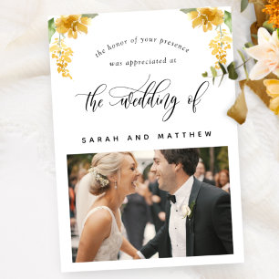 Carte De Remerciements Élégant floral jaune, Mariage photo plat
