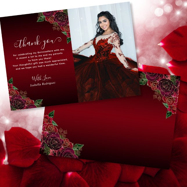 Carte De Remerciements Elégant Floral Rouge or Quinceañera Anniversaire P (June 12th, 2024 Strategy Group Coaching Call With Jen and Elke)
