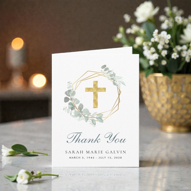 Carte De Remerciements Elégant funérailles de Croix d'or Eucalyptus (Elegant Gold Cross Eucalyptus Funeral Thank You Card)