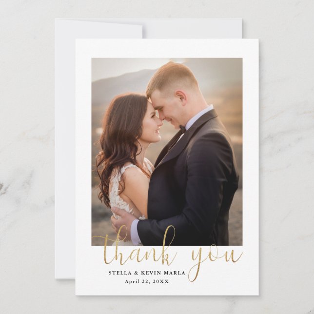 Carte De Remerciements Élégant Gold Calligraphy Photo Overlay Mariage (Devant)