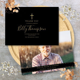 Carte De Remerciements Elegant Gold Cross Memorial Funeral Photo simple