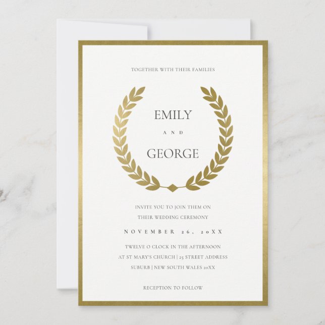 CARTE DE REMERCIEMENTS ÉLÉGANT GOLD FLORAL LAUREL WREATING MARIAGE INVITE (Devant)