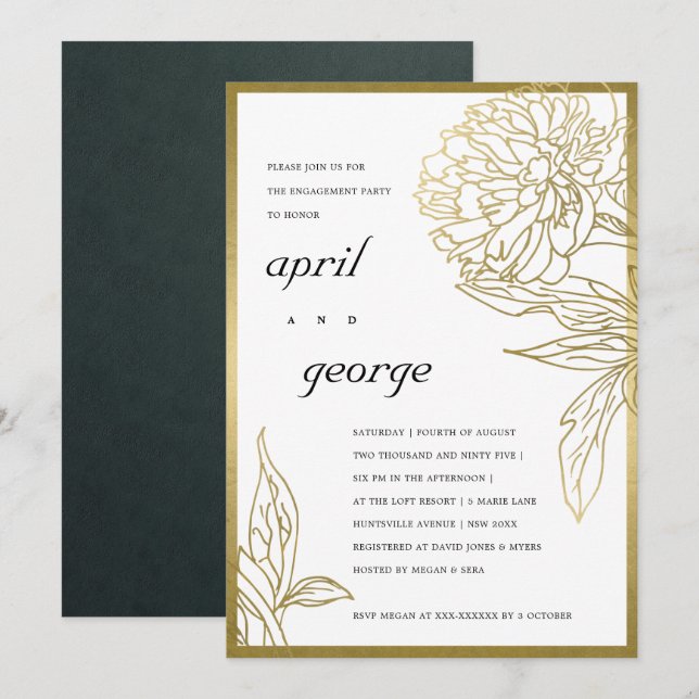 CARTE DE REMERCIEMENTS ELEGANT GOLD FOIL CLASSY FLORAL FIANÇAILLES INVITA (Devant / Derrière)
