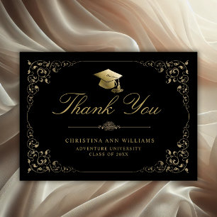 Carte De Remerciements Élégant Gold Ivy Script Black Graduation
