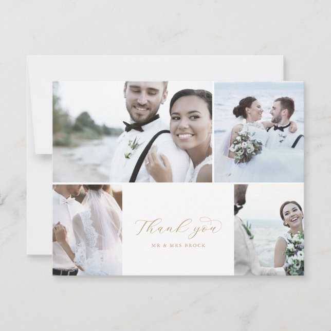 Carte De Remerciements Elégant Gold Script 4 Photo Collage Mariage (Devant)