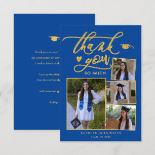 Carte De Remerciements Élégant Gold Script Blue 4 Photo Graduation