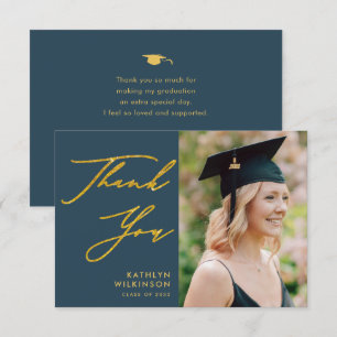 Carte De Remerciements Élégant Gold Script Dusty Bleu Simple Graduation