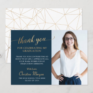 Carte De Remerciements Élégant Gold Script Navy Blue Graduation Photo Tha