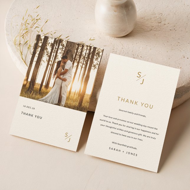Carte De Remerciements Elegant Gold Typographie Photo Mariage Ecru (Créateur téléchargé)