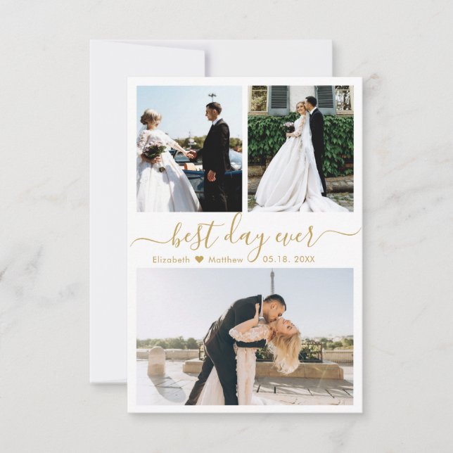 Carte De Remerciements Elégant Gold White Script Photo Collage Mariage (Devant)
