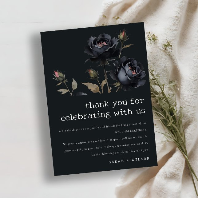 Carte De Remerciements Elégant gothique noir Rose noir Mariage (Créateur téléchargé)