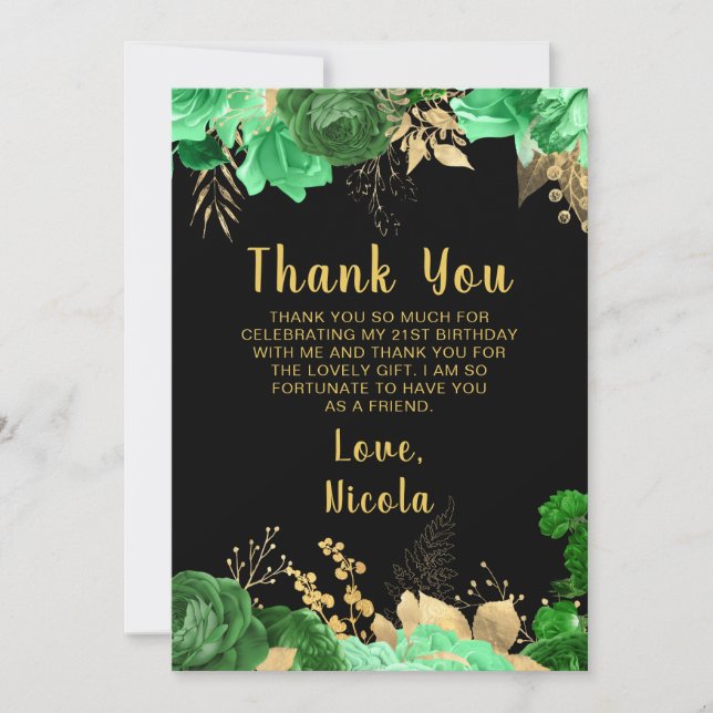Carte De Remerciements Elegant Green and Gold Flowers Birthday Party (Devant)