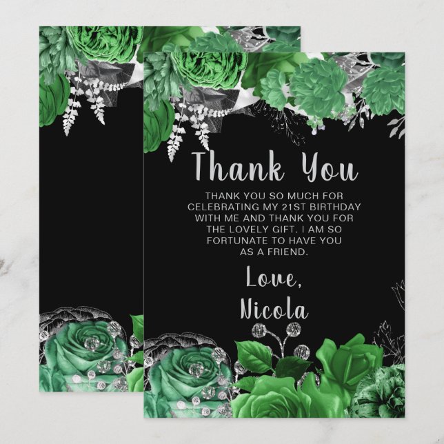 Carte De Remerciements Elegant Green and Silver Flowers Birthday Party  (Devant / Derrière)
